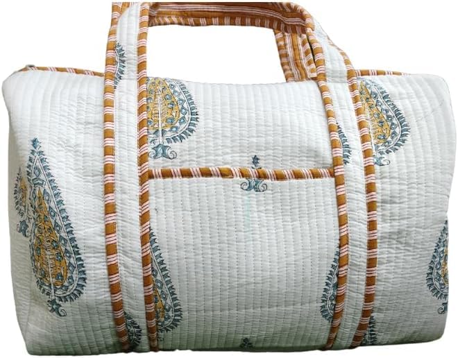 Hand Block Printed Duffle Bag, Soft Cotton Quilted with Handle Traveller, shopping Bag Duffel Travel Bag Perfect Travel Companion, Quilted Weekender Bag