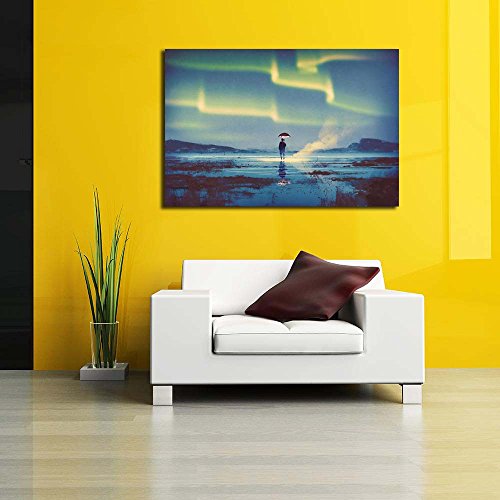 Image of Pitaara Box Northern Lights Aurora Borealis Over Man | Canvas Painting for Bedroom & Living Room | Engineered Wood Frame | 17.8 x 12 inch (45 x 30 cms)