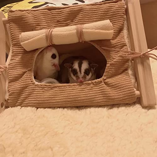 Small-Animal-Wood-Teepee-Tent-with-Curtain-Cushion-Cave-Bed-Warm-House-Habitat-Hideout-Tunnel-for-Hamster-Sugar-Glider-Hedgehog-Gerbil-Rat-Bearded-Dragon-Bird-Small-Animals-Cage-Supplies-M-Brown