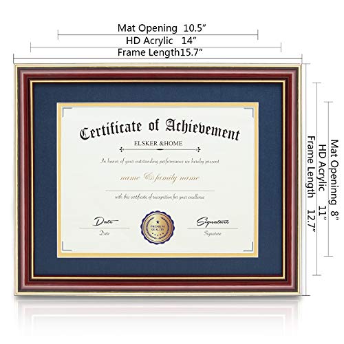 Image of ELSKER&HOME 8.5x11 Document Frame with Navy Mat,Real Wood Reddish | High Gloss Brown Wood Frame for Certificates Sized 8.5x11 Mat and 11x14 Without Mat (Double Mat, Navy with Golden Rim)