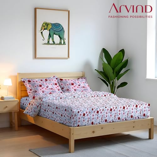 Image of Arvind Bedsheet Set - 100% Cotton Bedsheet for Double Bed (1 Queen Size Bedsheet with 2 Pillow Covers) Soft Breathable, 144 Thread Count - Slumber -Shade 7 (21029-A)