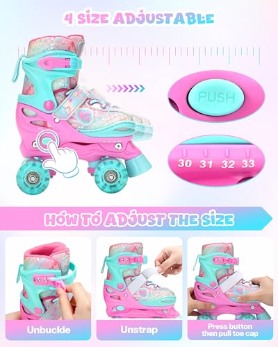 Sportneer Kids Roller Skates: 4 Size Adjustable Quad Skates with Light Up Wheels for 5-8 8-12 Girls Boys Toddlers Beginners, Birthday Gift Skates with Protective Gear Set for Outdoor Indoor