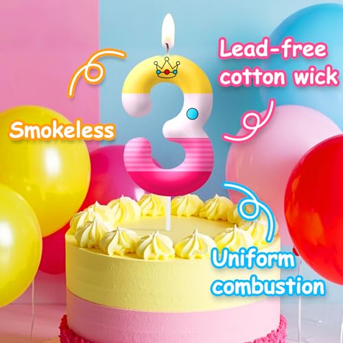 Image of Pink Cartoon Birthday Candles, Number 3 Candle Pink Themed Birthday Party Supplies, 2.4 inch Birthday Candles for Cake Topper Party Decorations, Birthday Decorations for Boys Girls (Number 3)