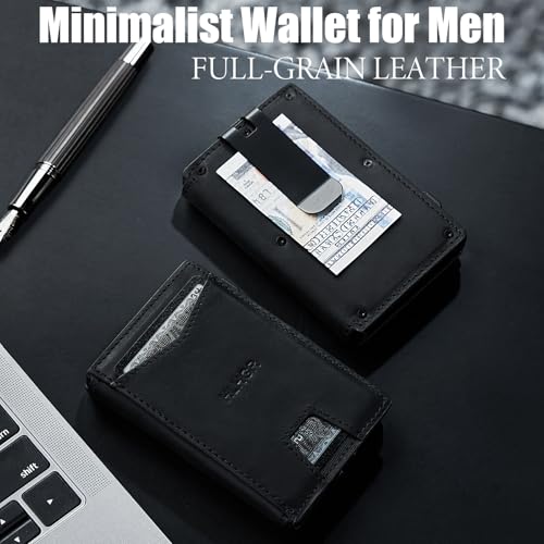 Wallet for Men，Slim Minimalist Smart Wallet With Money Clip Genuine Leather Card Holder RFID Blocking Metal Aluminum Pop Up Card Wallet with ID Window Gift2