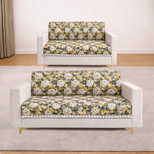 Image of Homerz Premium Printed Quilted Velvet Sofa Slip Cover Protector with Tassels, Sofa Mat, Exact Size, Antislip Cover (Antique Garden, 5 (3+2) Seater, Full)