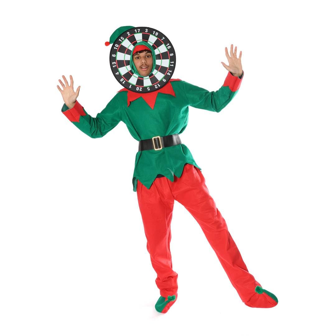 Adults Dartboard Elf Costume - XX-Large - Green Top, Red Trousers, Belt, Elf Boots & Hat and Novelty Dartboard Hat with Hood - Mens Womens Unisex Festive Xmas Sports Supporter Costume