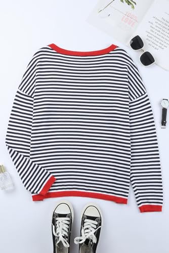 Image of Women's Striped Sweater Long Sleeve Crew Neck Ribbed Knit 2024 Fall Winter Pullover Sweater Tops