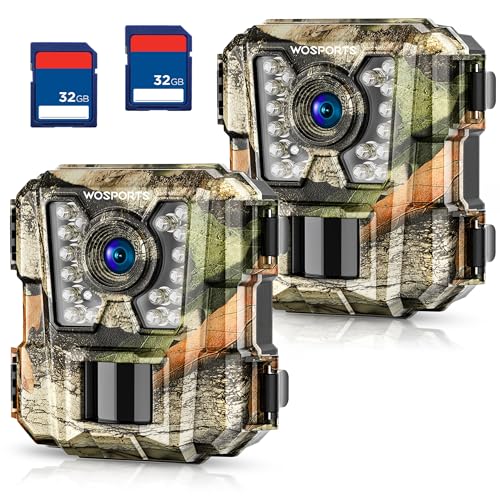 WOSPORTS Mini Trail Camera 2 Pack 24MP 1080P HD, Game Hunting Cam with 32GB SD Cards, Waterproof Night Vision Tiny Scouting Camera for Outdoor Wildlife Monitoring