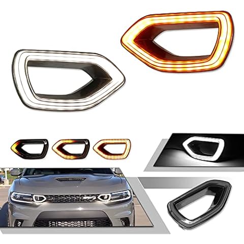 GTINTHEBOX for 2015 2016 2017 2018 2019 2020 2021 Dodge Charger SRT Scat Pack Pig Nose Grille Lights Smoked Switchback LED White DRL Amber Sequential Turn Signal Lamp Cover