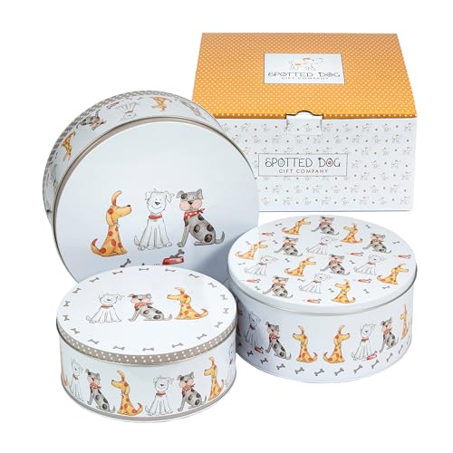 SPOTTED DOG GIFT COMPANY Set di 3 Scatole di Latta, Contenitori Impilabili per Biscotti in Metallo, Barattoli di Latta Rotondi Ermetici per Conservare Torte e Alimenti, Piccoli Medi Grandi - Cani