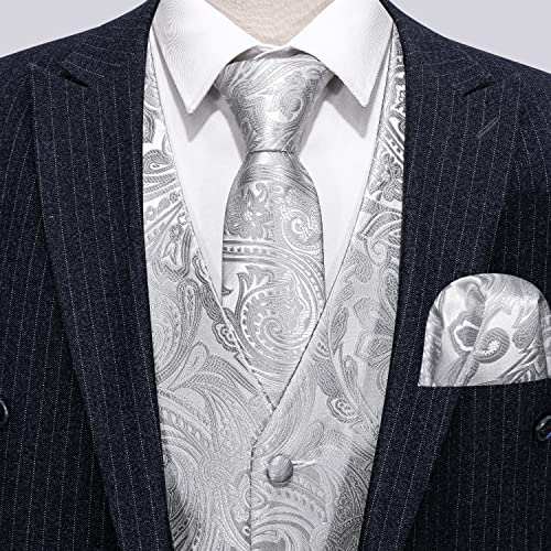 Image of Barry.Wang Mens Silver Suit Vest Paisley Jacquard Silk Ties Handkerchief Cufflinks Waistcoat Set Wedding Party Tuxedo 5PCS