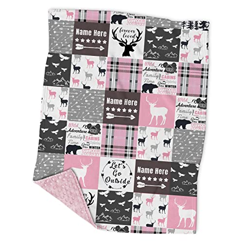 Personalized Woodland Deer Pink Minky Baby Blankets with Name, Custom Moose and Bear Swadding Blankets for Baby Girls Kids, Adventure Cabin Exploring Soft Plush Receiving Plaid Blanket, Registry Gift