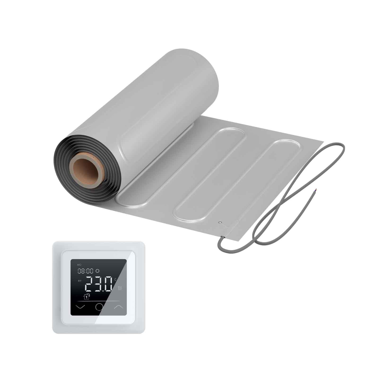 Riscaldamento a pavimento elettrico: tappetino riscaldante a due ruote con foglio di alluminio caldo 150 W/m² con termostato touch serie 750, termostato: TP 750 non WiFi – bianco, dimensioni