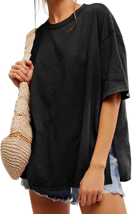 Tankaneo Damen T-Shirt Oversize Kurzarm Rundhals Oberteile Sommer Locker Einfarbig Bluse Lang Casual Basic Shirt Tops mit Seitenschlitzen