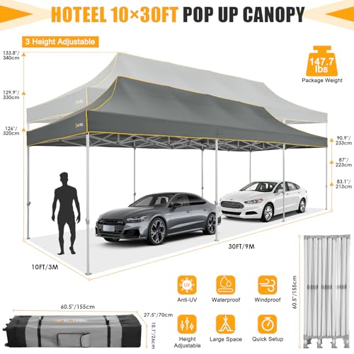 Image of HOTEEL 10x30 Heavy Duty Pop Up Canopy Tent, Commercial Instant Canopy for Party Wedding Event, Waterproof UV 50+ Windproof Outdoor Tent, Upgraded Thick Hexagonal Legs Canopy with Wheeled Bag, Gray