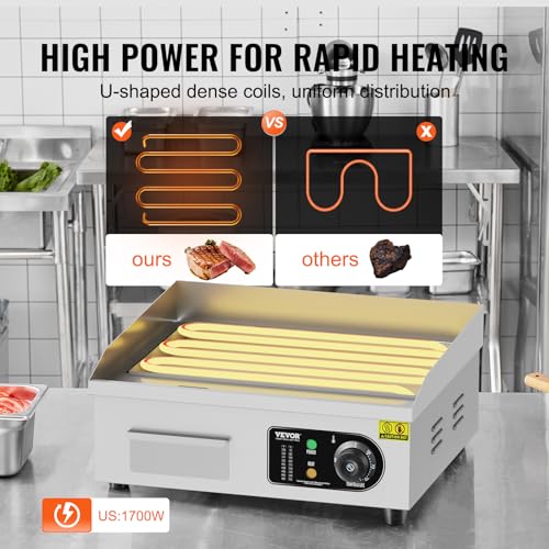 Image of VEVOR Commercial Electric Griddle, 1700W Countertop Flat Top Grill, 18in Stainless Steel Griddle Grill with 2 Shovels and 2 Brushes for Home or Restaurant, 122℉-572 ℉ Adjustable Temp