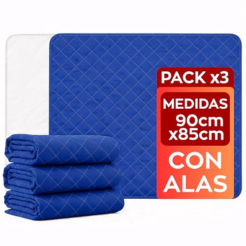 Empapadores Cama Adultos Premium (90x85 cm) – Lavables con Alas – 5 Capas Absorbentes, Empapadores Grandes, Impermeables y Reutilizables, Ideal para Incontinencia de Adultos, Niños y Mayores – Pack 3