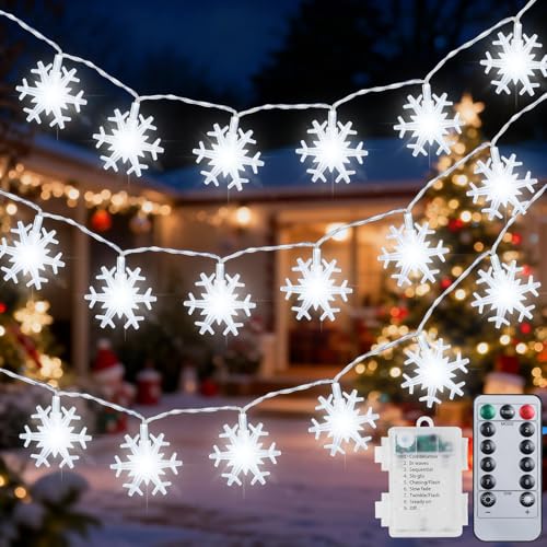 Qoosea Guirlande Lumineuse Flocons de Neige 50 LED, 7,5m à Piles Étanche avec Télécommande, 8 Modes pour Décoration Noël Intérieur et Extérieur -...