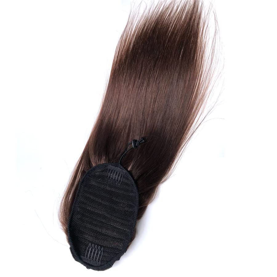 16" Human Hair Ponytail Extension Drawstring Straight Medium Brown #4 Real Remy Hair Piece for Black Women