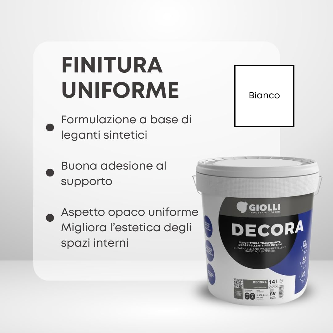 Giolli industria colori | Pittura Bianca per Interni Lavabile Giolli Decora - Idropittura Murale ad Azione Traspirante - Vernice Bianca da Muro Interno a Mano Unica - 14 L