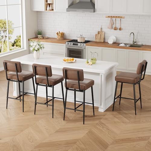 Image of GarveeHome Bar Stools Set of 4, 26 inch Brown Faux Leather Counter Height Bar Stools with Backs, Modern Upholstered Barstool Chairs with Metal Legs for Kitchen Island, Home Bar, Dining Room