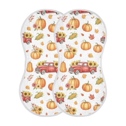 2 Pack Muslin Burp Cloths Fall Pumpkins Trucks Cotton Baby Burp Cloths Extra Absorbent and Soft Burping Cloth for Baby Boys Girls, Large 22