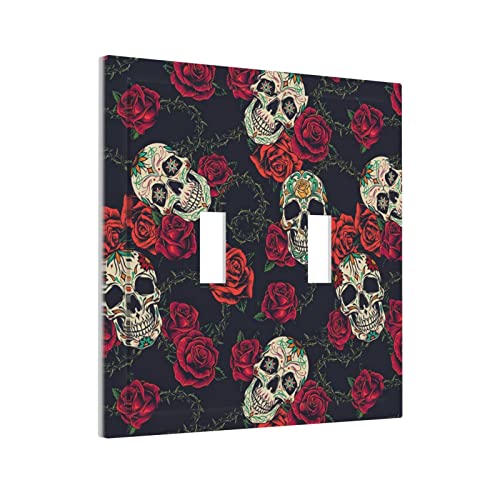 Skull Cool Light Switch Plate Cover Decorative Double Toggle Wall Plate Flower For Kitchen Farmhouse Teen Girls Room Home Decor 2 Gang Mid-Size 5" X 4.9" #TOP1