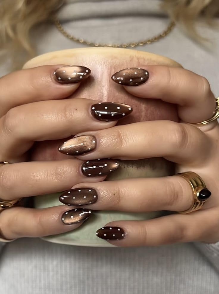 Press-On Nails Brown Almond Shape with White Dot Design | Glossy Finish, Reusable, Medium Length, Nail Art, Easy Application-image-23