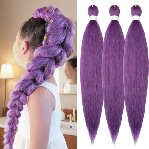 Purple Braiding Hair Pre Stretched 26inch 3 Packs Purple hair Extensions Synthetic Crochet Braids Hot Water Setting Professional Soft Yaki Texture. (26inch(3Packs) Lavender#)