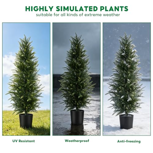 Artificial Cedar Topiary Trees 4FT, Set of 2 – Outdoor Faux Evergreen Trees for Front Porch, Tall Slim Artificial Trees for Front Door, Patio, Garden & Entryway Décor - Image 6