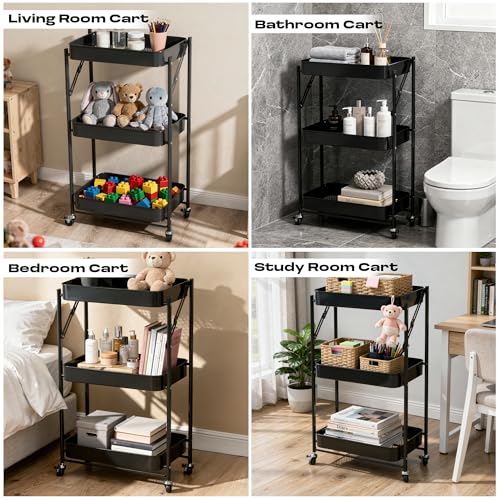 Image of Multipurpose Foldable Kitchen Storage Trolley | Heavy Metal 3-Tier Utility Cart for Storage | Portable Cart for Kitchen, Bedroom, Office | Kitchen Rack with Lockable Wheels (Black)