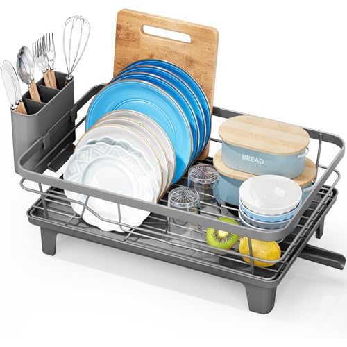 Urackify Dish Drainer Rack Dish Rack for Kitchen Counter Drainer Board Rack Steel Kitchen Sink Drainer Rack with Drainboard Efficient Drainage Dish Rack Drainers with Utensil Holder Grey