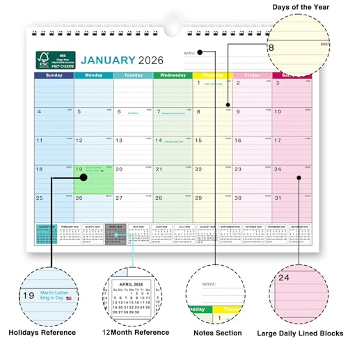 boct wall calendar 2025-2026 - includes july 2025 to december 2026-18 monthly daily planner 13 x 96 inches julian dates for new year christmas gifts