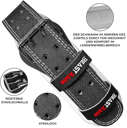 BEAST RAGE Gewichthebergürtel, Leder, strapazierfähig, Fitnessstudio, Bodybuilding, Workout, Training, Gewichthebergürtel, 10 verstellbare Löcher, 10,2 cm, gepolsterte (Schwarz, M)