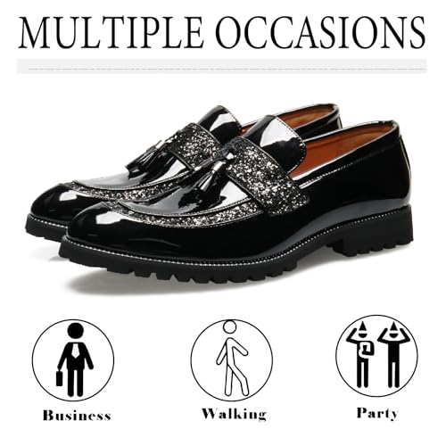 Men's Patent Leather Tassel Slip-On Loafers Fashion Sequins Pointed Toe Non-Slip Lug Sole Chunky Heel Penny Loafers for Business Formal Party Work Dress Shoes 6