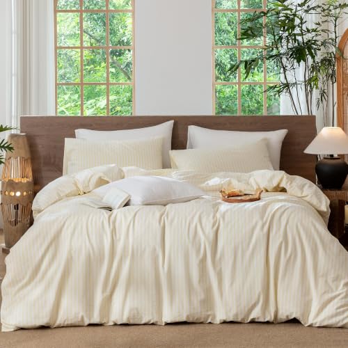 Image of MooMee Striped Duvet Cover Set 100% Washed Cotton Linen Like King | Relaxed Linen-like Texture. Soft, Breathable & Long-lasting Comfort. Lightweight. Hidden Zipper with 8 Interior Corner Ties