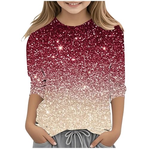 Girls Sequins Print 3/4 Sleeve T Shirts Kids Summer Tops Loose Crewneck Cute Colour Gradient Tees for Boys 3-12 Years