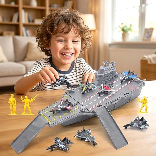 Image of VGRASSP Navy Battle Ship Aircraft Carrier Toy Set for Kids with Fighter Jets, Soldier Figures, Runway Deck - Army Style Pretend Play Warship Playset - Color As Per Stock