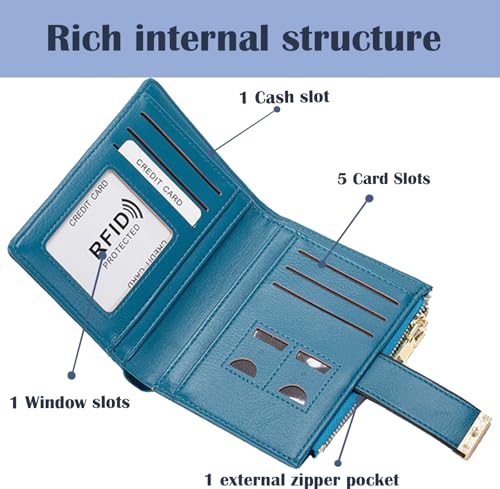 Blue RFID Blocking Wallet for Women Small Leather Coin Purse with Flower Design Minimalist Credit Card Holder and ID Window Cute Travel Cash Wallet for Women4