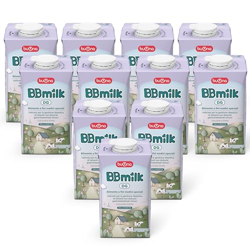 Buona BBmilk DG Liquido 500ml Pack da 12, BB Milk 0 12 Liquido Pronto all’Uso per Coliche Neonato, Stitichezza e Distensione Addominale, Alimento a Fini Medici Speciali, Con GOS, HMO, DHA e Nucleotidi