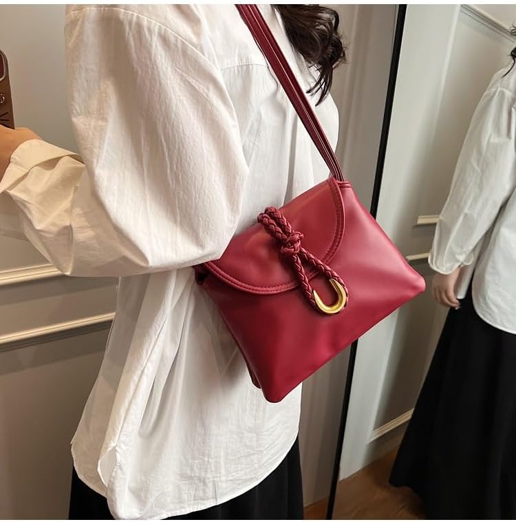 シングルショルダー クロスボディ ハンドバッグ 編組ロープバックル メタルハードウェア クラムシェル, レッド, S