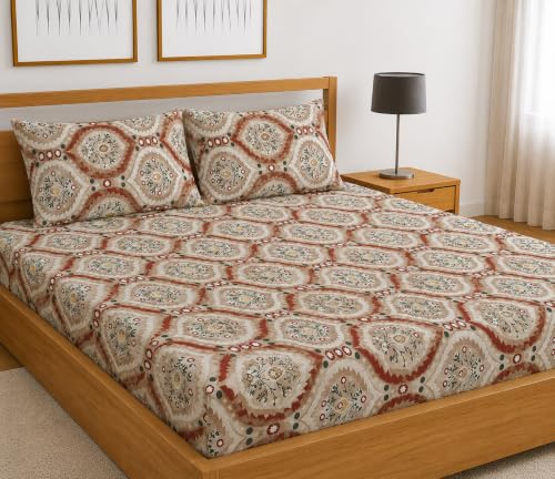 Image of Fitted Bedsheet Ethnic Beige Jaipuri Print Glace Cotton 210 TC | Single Size for Single Bed Fits 3 x 6.25 ft Mattress (36 x 75 Inch) | All Around Elastic | 2 Pillow Cover | 7 Inch Deep Pocket