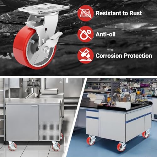 Image of Nefish 5 Inch Industrial Grade Casters Wheels, Heavy Duty Aluminum Core PU Castor Set of 4, Durable Plate Swivel Casters with Brake 4000 LBS, Anti-Corrosion Wheels for Industrial, Equipment