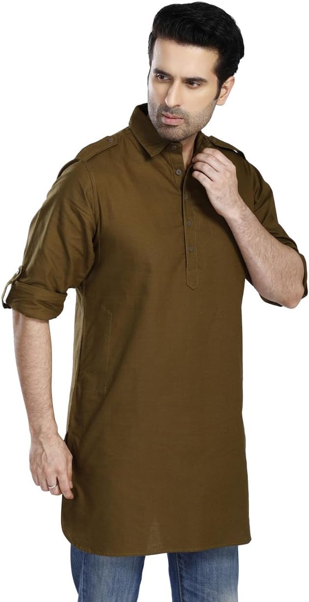 In-Sattva Men's Pullover Pathani Rollup Sleeve Kurta Tunic with Shoulder Strap