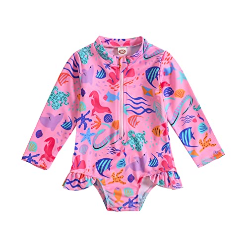 Kids Girls Sun Protection Swimsuit Long Sleeve Zipper Beach Pool Rash Guard One Piece Toddler Girls Swimwear (Pink,2-3 Years) #TOP23
