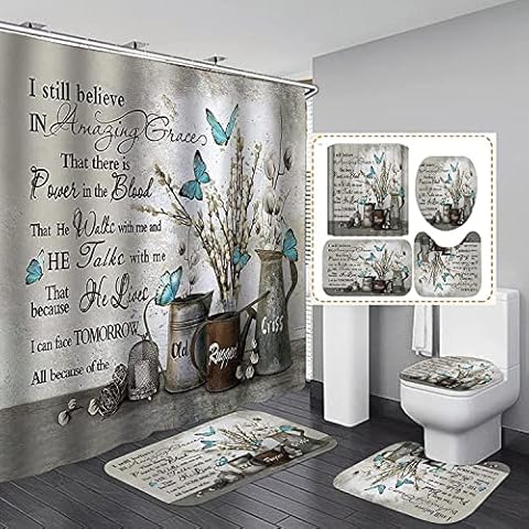 jieprom 4PCS Insipirational Shower Curtain Set with Rugs, Toilet Lid Cover and Bath Mat, Butterfly Shower Curtain with 12 Hooks, Waterproof Sunflower Bathroom Decor Set Cover