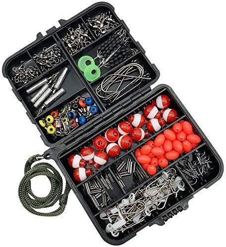 173Pcs Fishing Terminal Tackle Box - Fishing Baitholder Hooks, Drop Shot Weights, Fishing Bobbers, Fishing Stoppers, Sinker Slides, Double Barrel Crimps, Three Way swivels, Fishing Beads