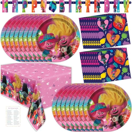 Décorations de fête d'anniversaire Trolls pour 16 personnes – Ensemble avec assiettes et...