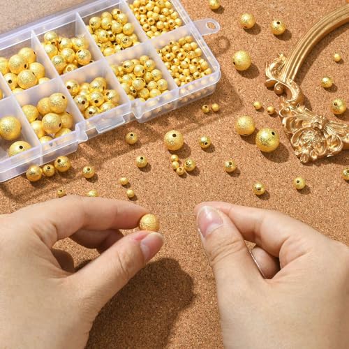 Stiesy Approx 460Pcs 5 Style Golden Colour Spacer Beads Frosted Textured Brass Beads 4/6/8/10/12mm Kit for Jewellry Making DIY Bracelet Crafting - Image 4