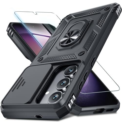 Image of Janmitta Compatible with Samsung Galaxy S25 FE Case Built in Slide Camera Lens Cover+Screen Protector+Finger Ring Holder Kickstand,Heavy Duty Shockproof Full Body Phone Cover,2025 Black